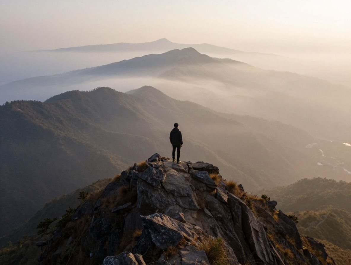 A solitary person standing on a high mountain ridge at sunrise, looking out over a vast landscape of layered hills and morning fog, symbolizing thoughtful perspective, independent inquiry, and the search for structured understanding