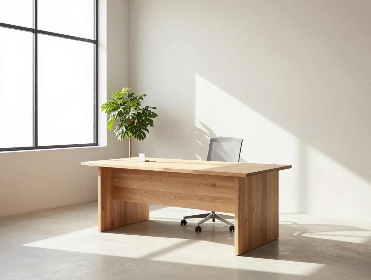Bright minimalist office space with a large wooden desk, a potted plant, and a window with warm afternoon light casting long shadows across light-toned flooring and walls, conveying a calm, approachable working environment