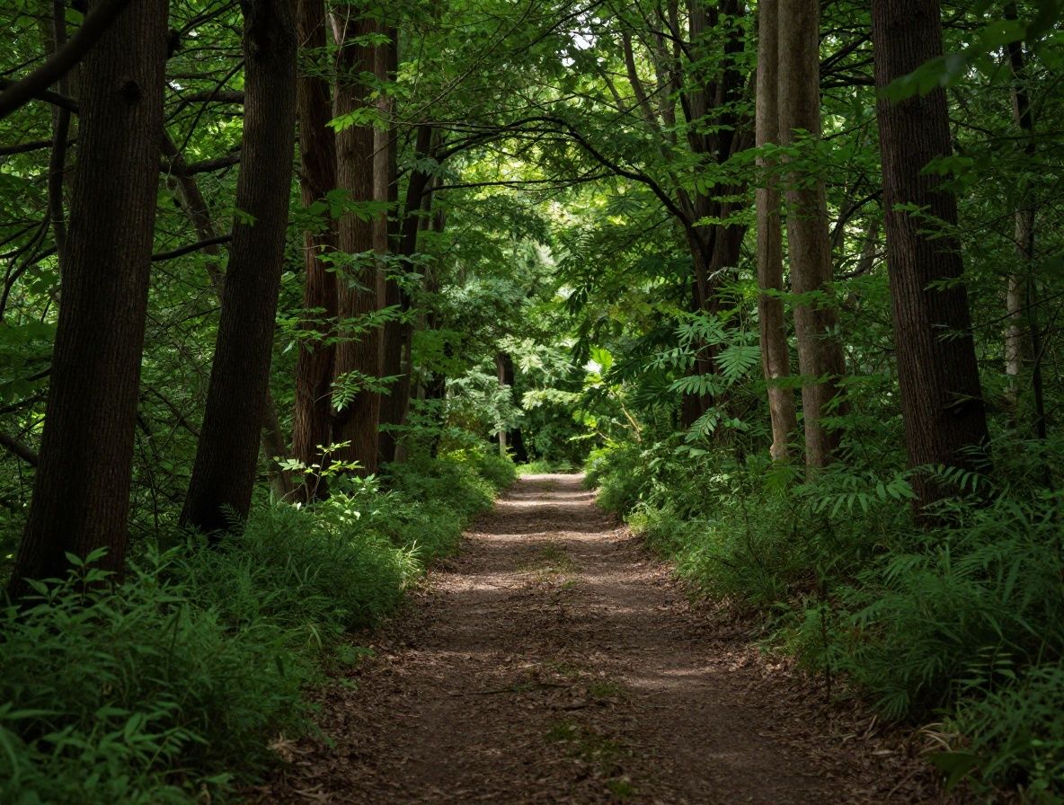 Lush green forest path with tall ancient trees forming a natural canopy, soft dappled sunlight filtering through leaves onto a quiet walking trail, evoking the restorative quality of natural environments