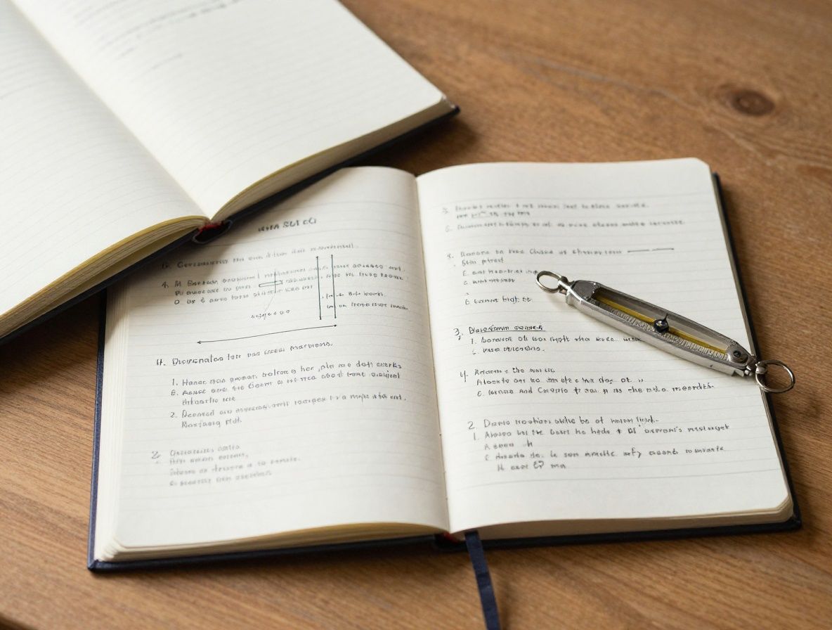 Abstract conceptual overhead photograph of a wooden desk with open notebooks, a compass, and scattered papers representing organized research and structured inquiry into a complex subject