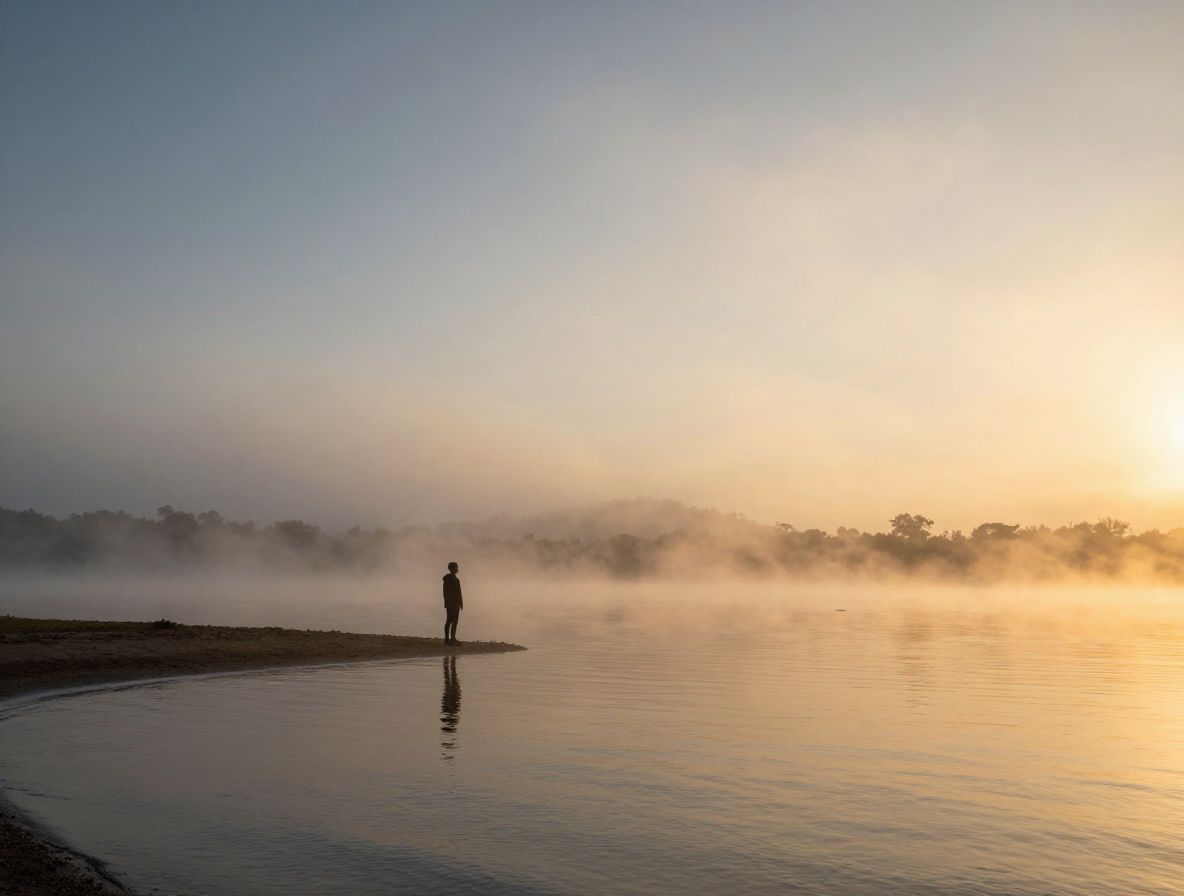 Serene early morning landscape with mist over calm water and a lone figure standing at the shore in quiet contemplation, warm golden light breaking through the horizon