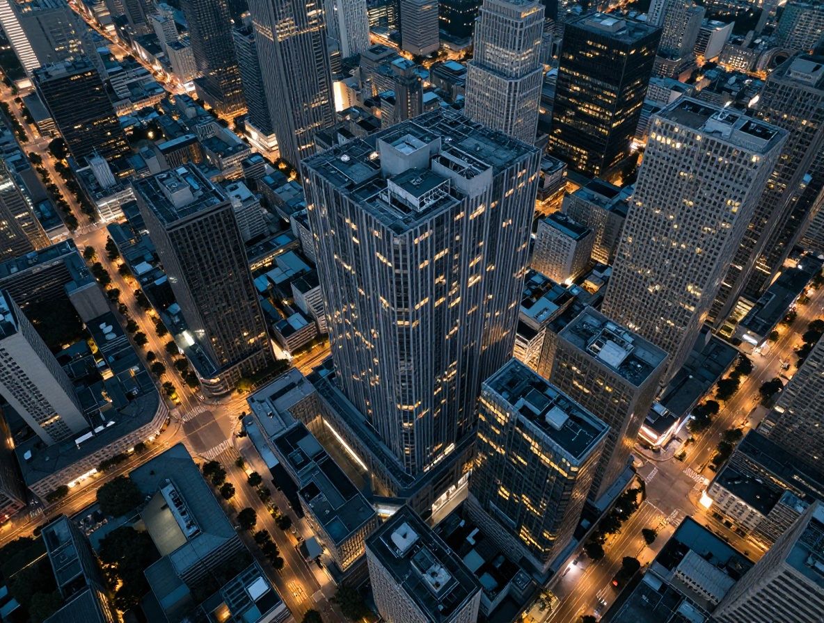 A dense urban environment seen from above at dusk, with artificial lighting and grid-like structures contrasting against natural darkness, symbolizing the tension between modern assumptions and biological reality