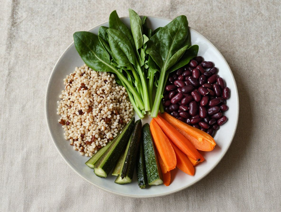 Overhead view of a balanced meal on a round ceramic plate featuring grains, leafy greens, legumes, and colorful vegetables on a natural linen surface, representing thoughtful everyday nutritional patterns