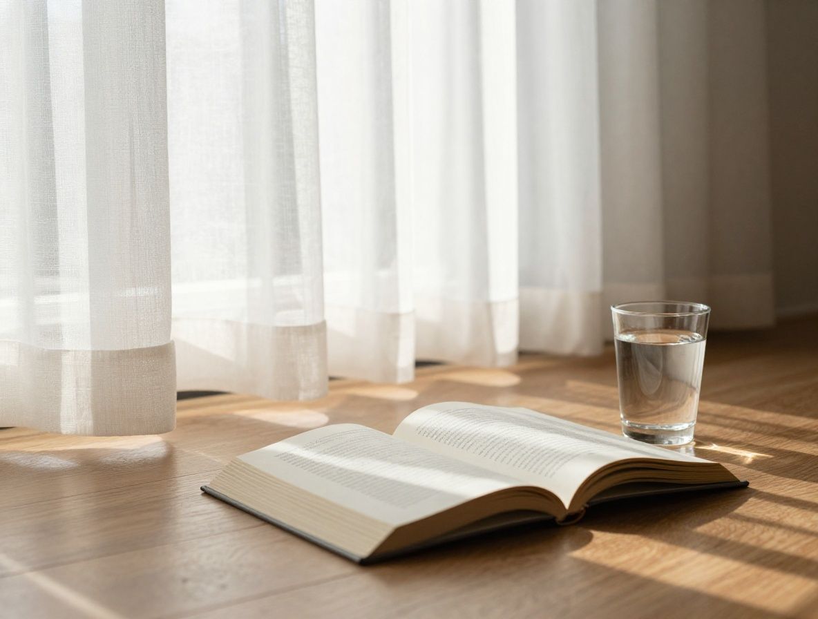 Quiet early morning room with soft natural light streaming through sheer curtains onto a wooden floor, an open book and a glass of water on a simple table, evoking calm and purposeful daily structure